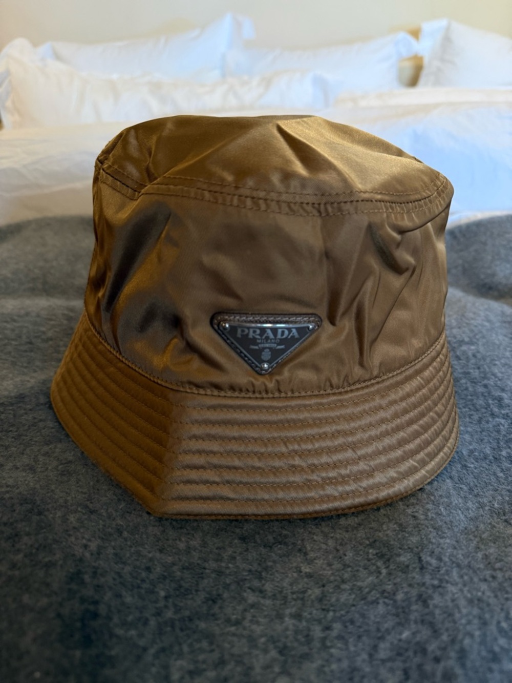 Prada Brown Nylon Bucket Hat with Logo Plaque